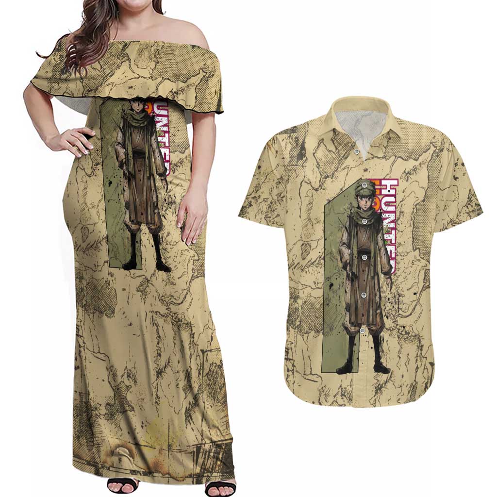 Ging Freecss Theme Desert Explorer Design Couples Matching Off Shoulder Maxi Dress and Hawaiian Shirt with Ancient Map Background and Adventure Card Artwork - The Mazicc