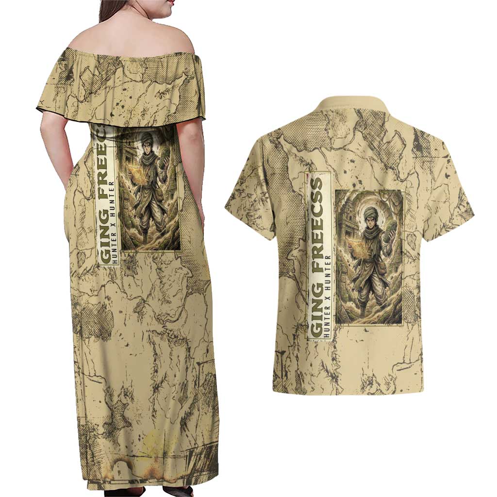 Ging Freecss Theme Desert Explorer Design Couples Matching Off Shoulder Maxi Dress and Hawaiian Shirt with Ancient Map Background and Adventure Card Artwork - The Mazicc