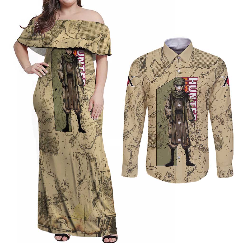 Ging Freecss Theme Desert Explorer Design Couples Matching Off Shoulder Maxi Dress and Long Sleeve Button Shirt with Ancient Map Background and Adventure Card Artwork - The Mazicc