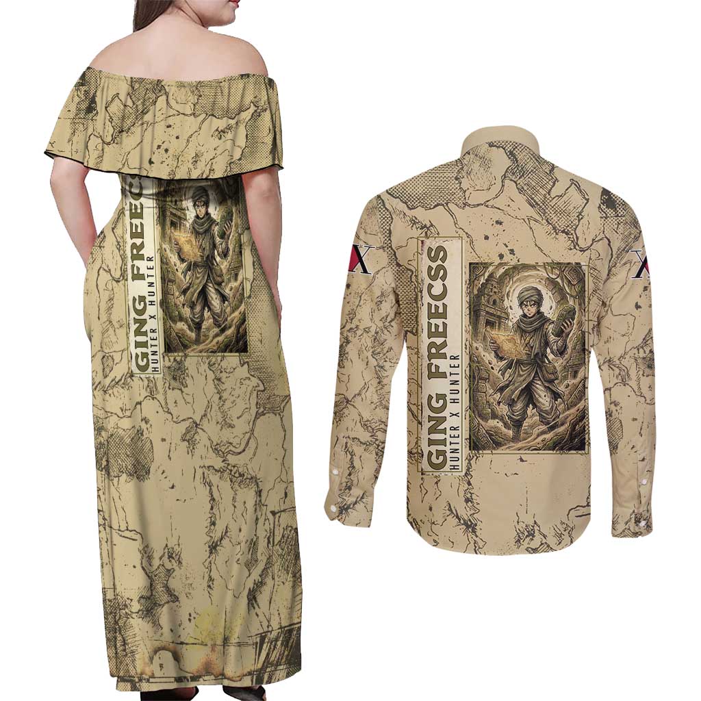 Ging Freecss Theme Desert Explorer Design Couples Matching Off Shoulder Maxi Dress and Long Sleeve Button Shirt with Ancient Map Background and Adventure Card Artwork - The Mazicc
