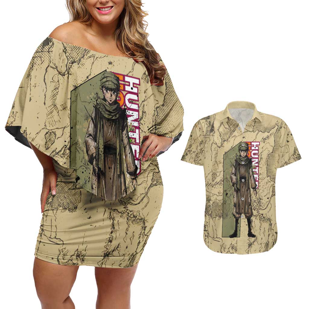 Ging Freecss Theme Desert Explorer Design Couples Matching Off Shoulder Short Dress and Hawaiian Shirt with Ancient Map Background and Adventure Card Artwork - The Mazicc