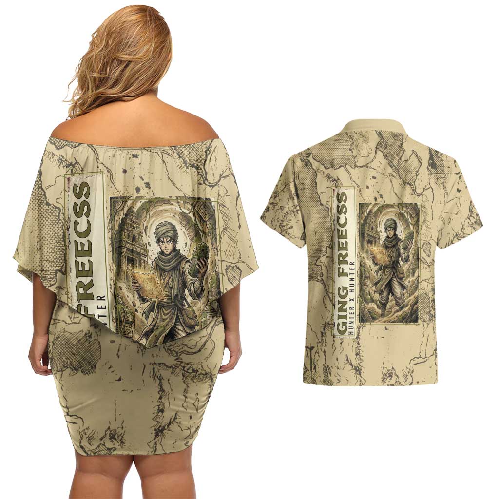 Ging Freecss Theme Desert Explorer Design Couples Matching Off Shoulder Short Dress and Hawaiian Shirt with Ancient Map Background and Adventure Card Artwork - The Mazicc