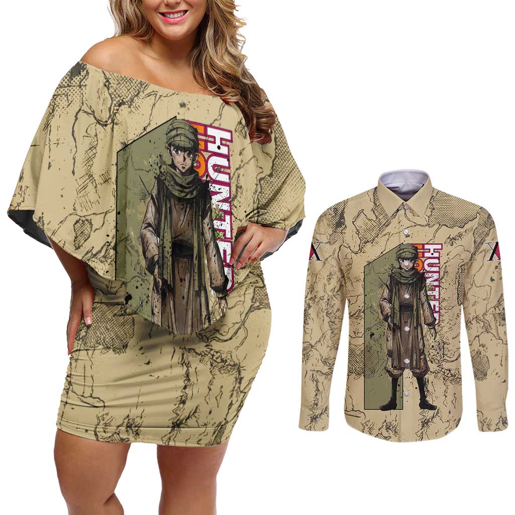 Ging Freecss Theme Desert Explorer Design Couples Matching Off Shoulder Short Dress and Long Sleeve Button Shirt with Ancient Map Background and Adventure Card Artwork - The Mazicc