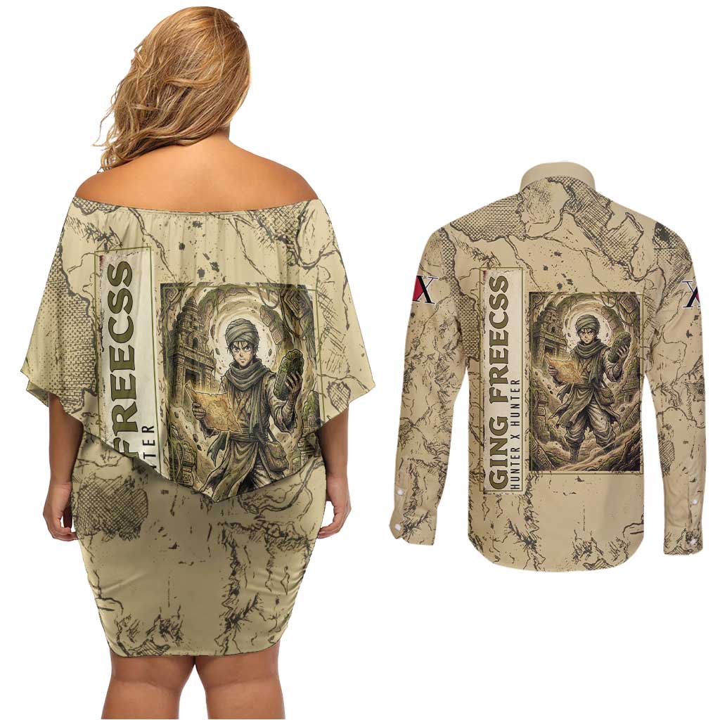 Ging Freecss Theme Desert Explorer Design Couples Matching Off Shoulder Short Dress and Long Sleeve Button Shirt with Ancient Map Background and Adventure Card Artwork - The Mazicc