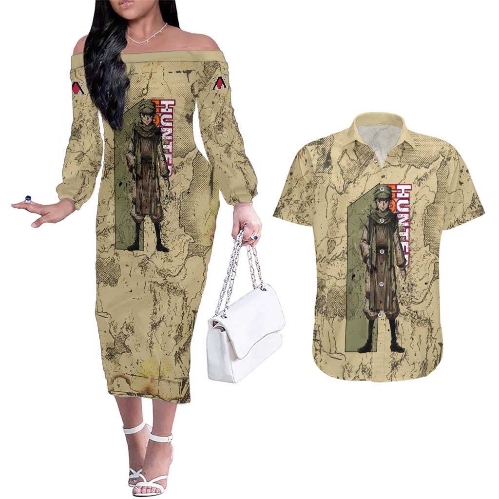 Ging Freecss Theme Desert Explorer Design Couples Matching Off The Shoulder Long Sleeve Dress and Hawaiian Shirt with Ancient Map Background and Adventure Card Artwork - The Mazicc
