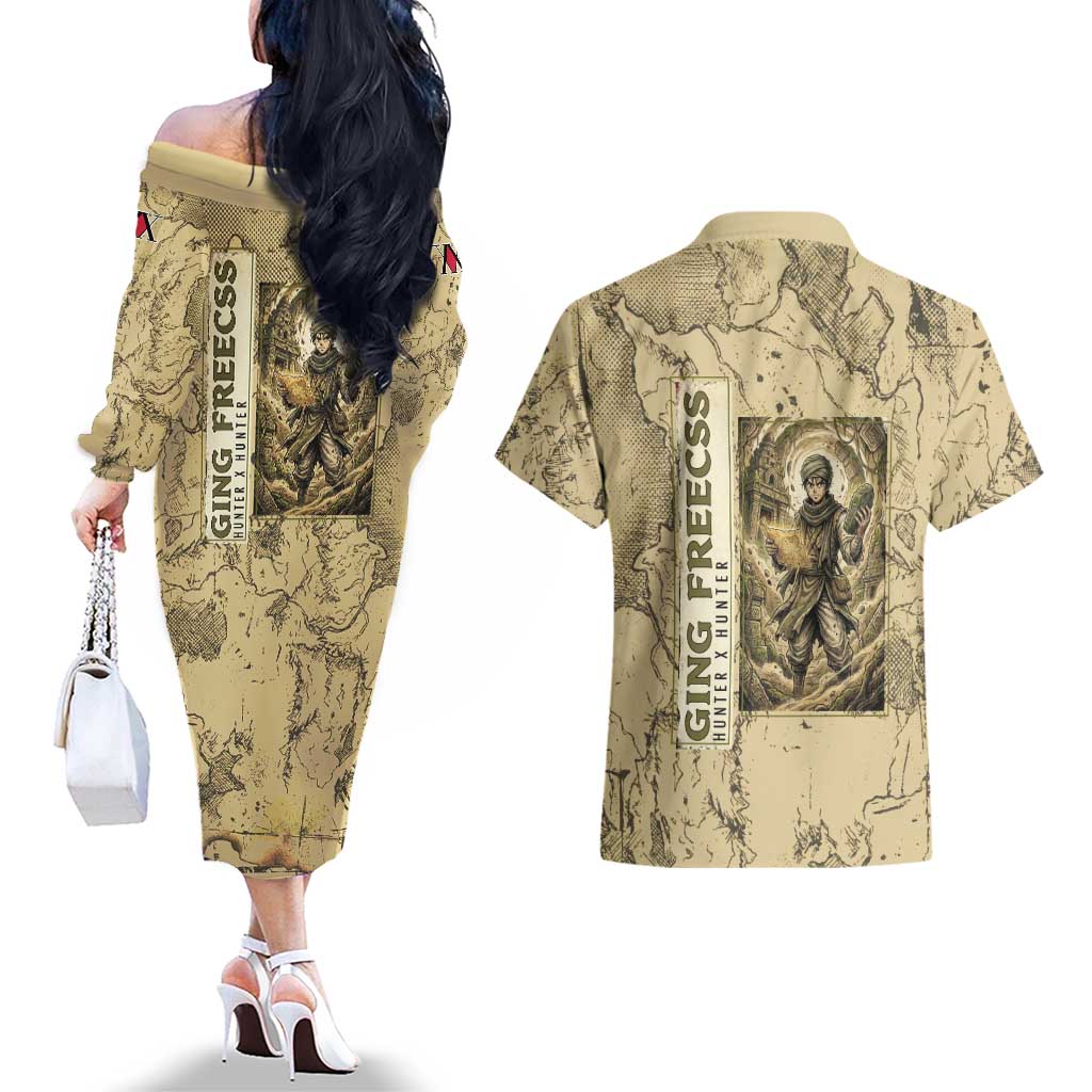 Ging Freecss Theme Desert Explorer Design Couples Matching Off The Shoulder Long Sleeve Dress and Hawaiian Shirt with Ancient Map Background and Adventure Card Artwork - The Mazicc