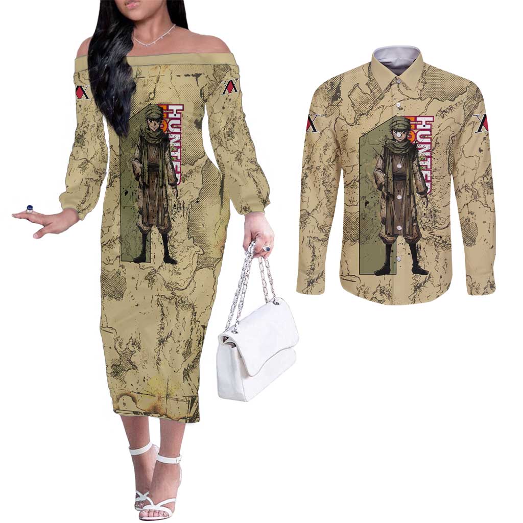 Ging Freecss Theme Desert Explorer Design Couples Matching Off The Shoulder Long Sleeve Dress and Long Sleeve Button Shirt with Ancient Map Background and Adventure Card Artwork - The Mazicc