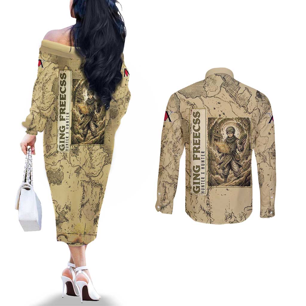 Ging Freecss Theme Desert Explorer Design Couples Matching Off The Shoulder Long Sleeve Dress and Long Sleeve Button Shirt with Ancient Map Background and Adventure Card Artwork - The Mazicc