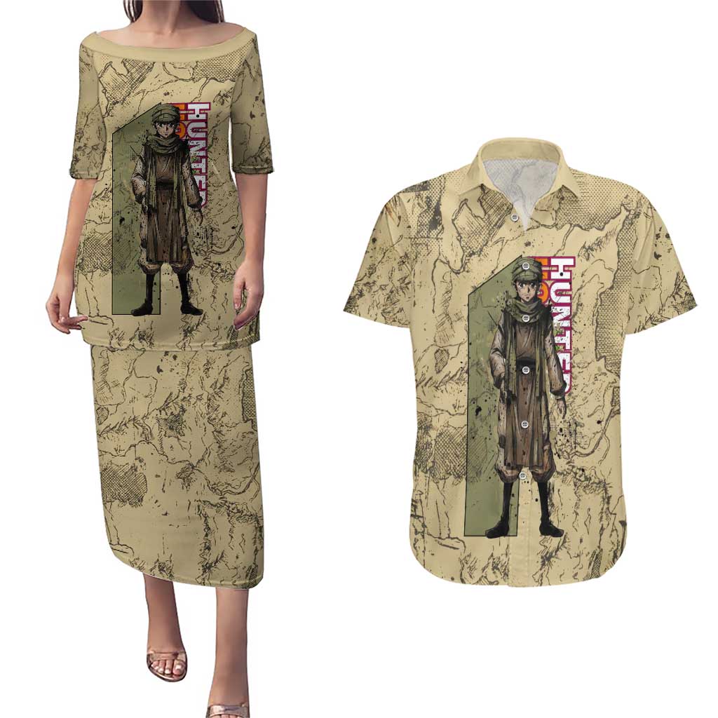 Ging Freecss Theme Desert Explorer Design Couples Matching Puletasi and Hawaiian Shirt with Ancient Map Background and Adventure Card Artwork - The Mazicc