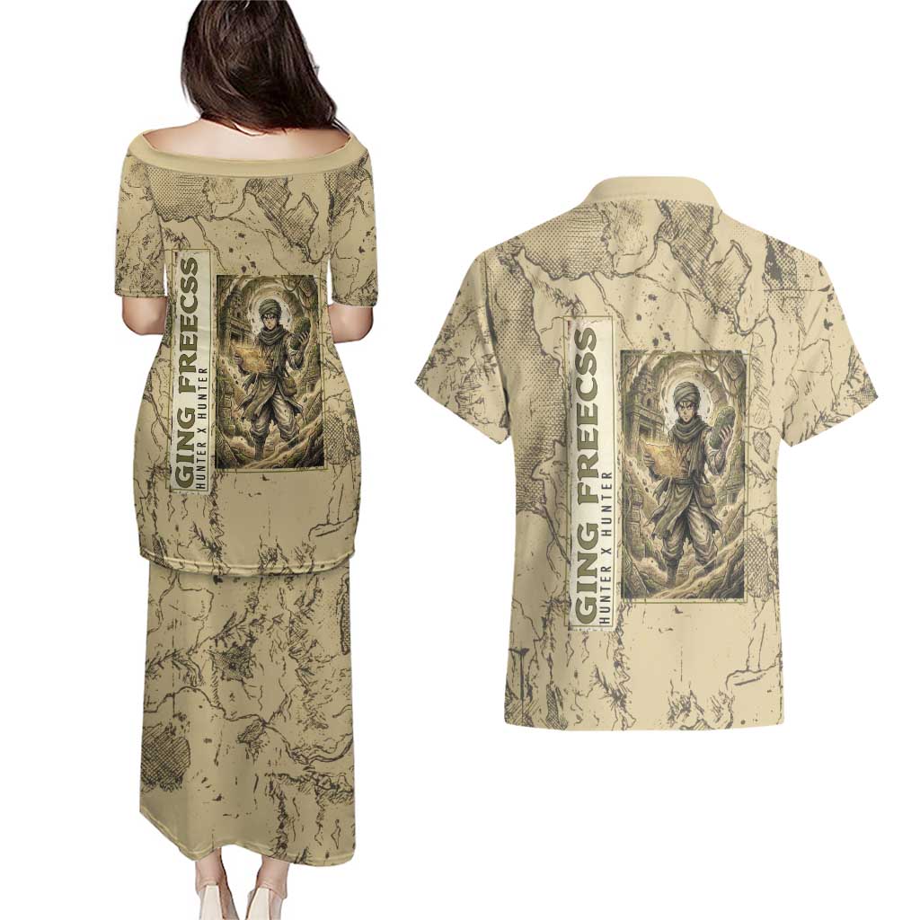 Ging Freecss Theme Desert Explorer Design Couples Matching Puletasi and Hawaiian Shirt with Ancient Map Background and Adventure Card Artwork - The Mazicc