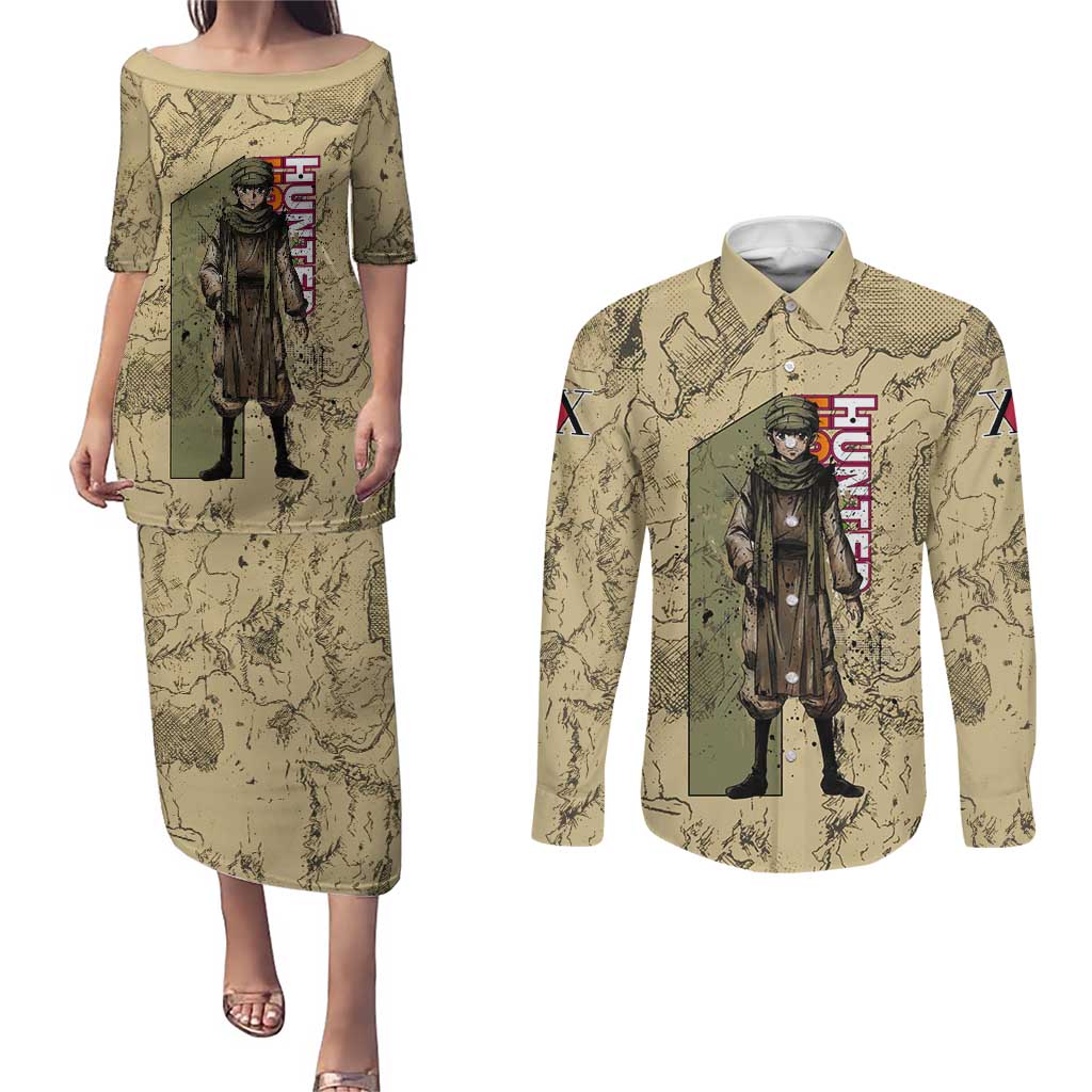 Ging Freecss Theme Desert Explorer Design Couples Matching Puletasi and Long Sleeve Button Shirt with Ancient Map Background and Adventure Card Artwork - The Mazicc
