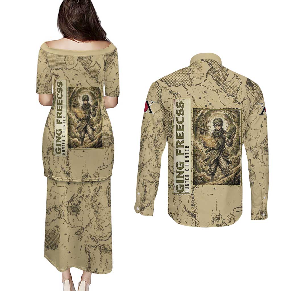Ging Freecss Theme Desert Explorer Design Couples Matching Puletasi and Long Sleeve Button Shirt with Ancient Map Background and Adventure Card Artwork - The Mazicc