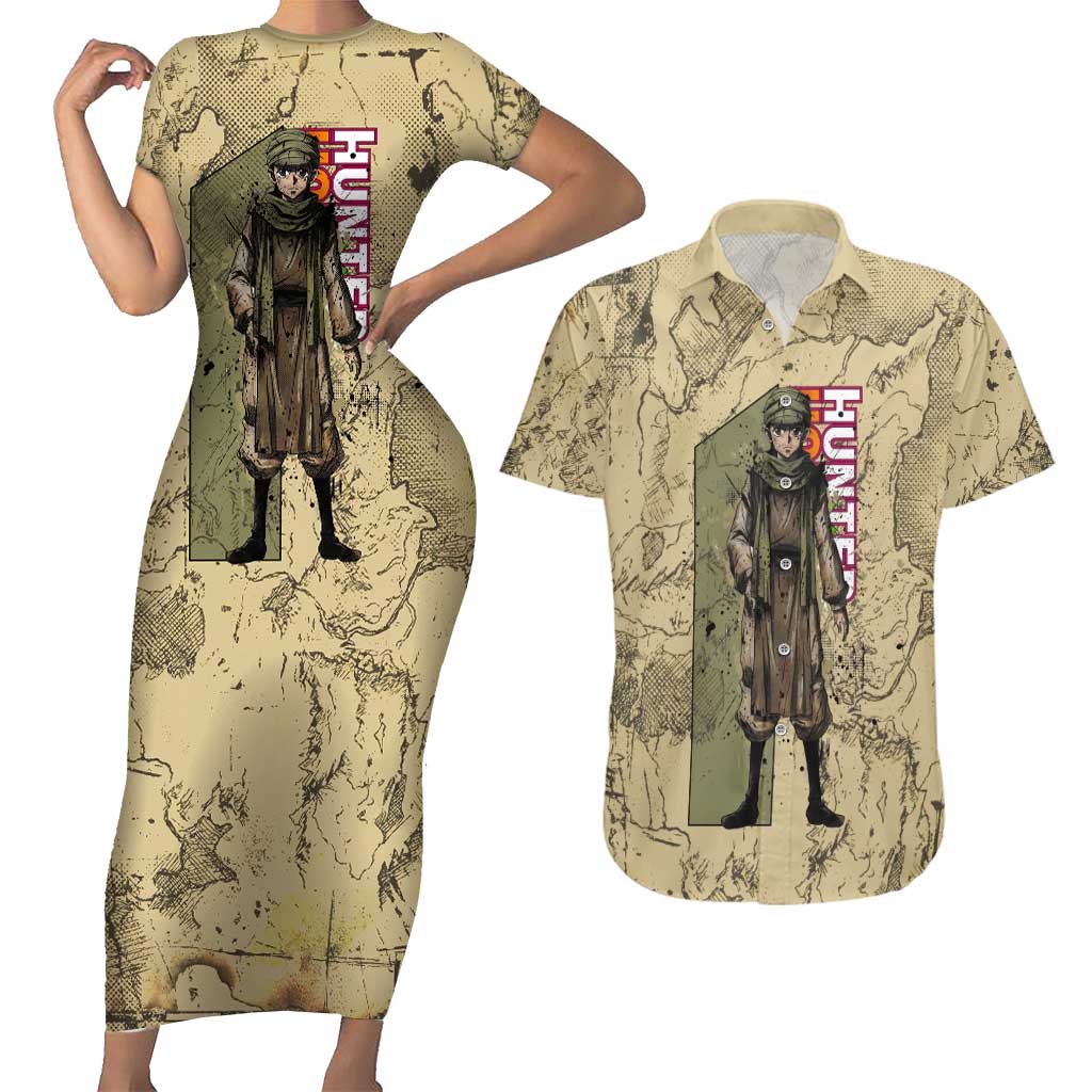 Ging Freecss Theme Desert Explorer Design Couples Matching Short Sleeve Bodycon Dress and Hawaiian Shirt with Ancient Map Background and Adventure Card Artwork - The Mazicc