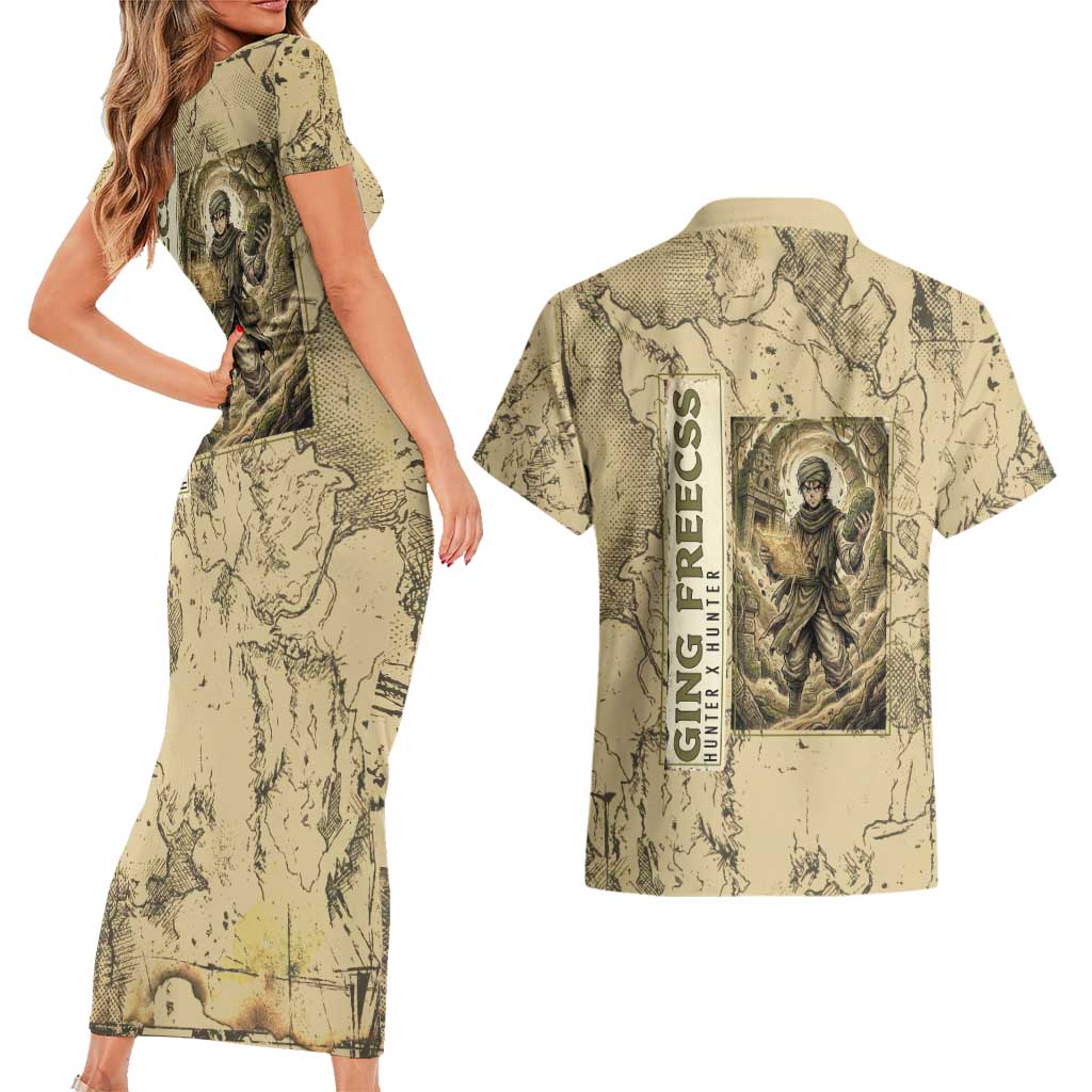 Ging Freecss Theme Desert Explorer Design Couples Matching Short Sleeve Bodycon Dress and Hawaiian Shirt with Ancient Map Background and Adventure Card Artwork - The Mazicc