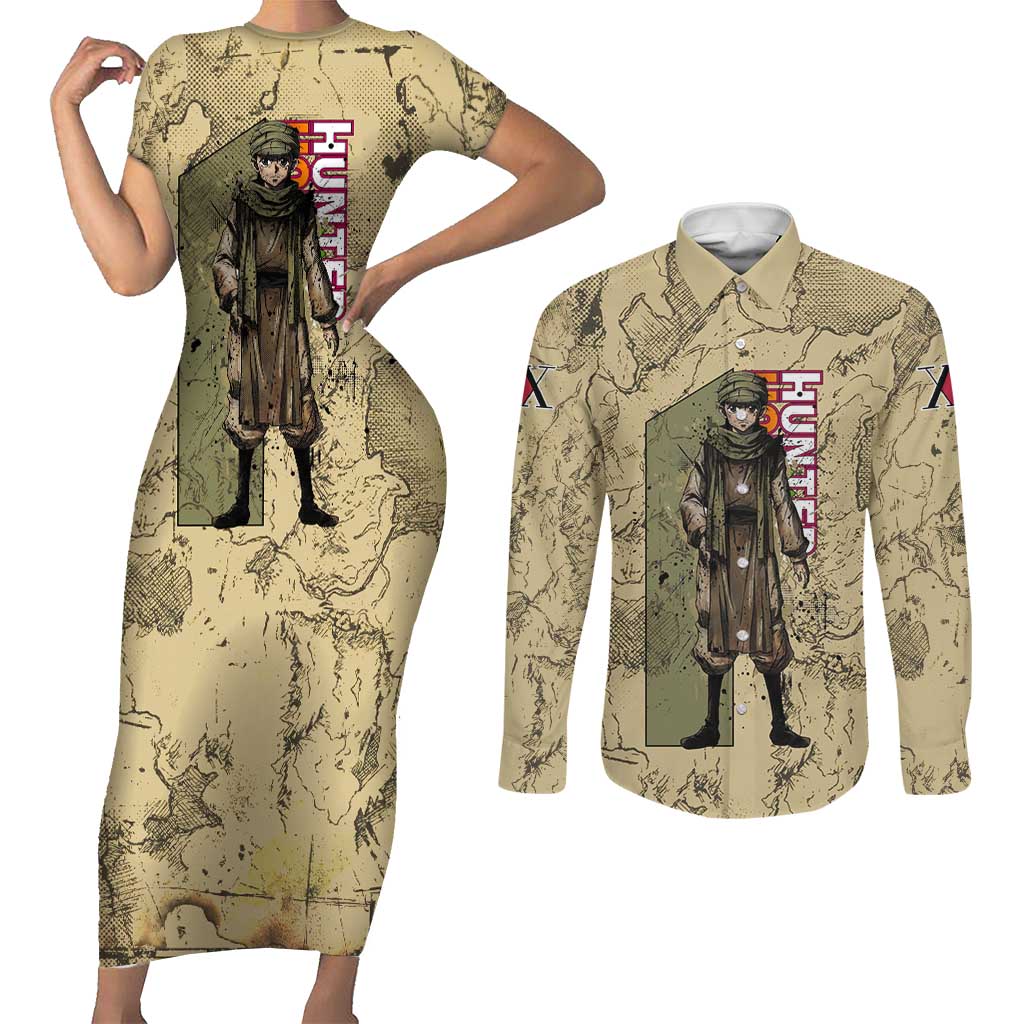 Ging Freecss Theme Desert Explorer Design Couples Matching Short Sleeve Bodycon Dress and Long Sleeve Button Shirt with Ancient Map Background and Adventure Card Artwork - The Mazicc