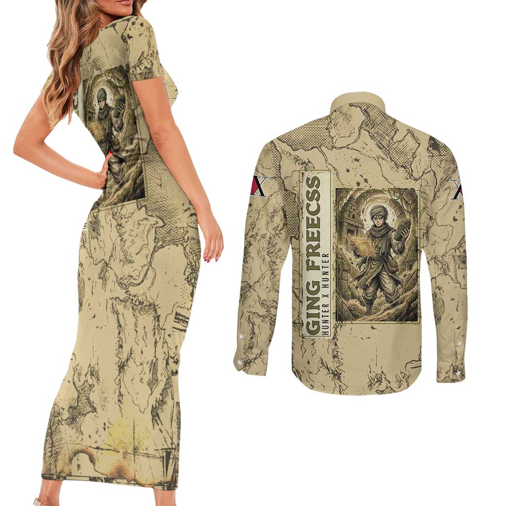 Ging Freecss Theme Desert Explorer Design Couples Matching Short Sleeve Bodycon Dress and Long Sleeve Button Shirt with Ancient Map Background and Adventure Card Artwork - The Mazicc