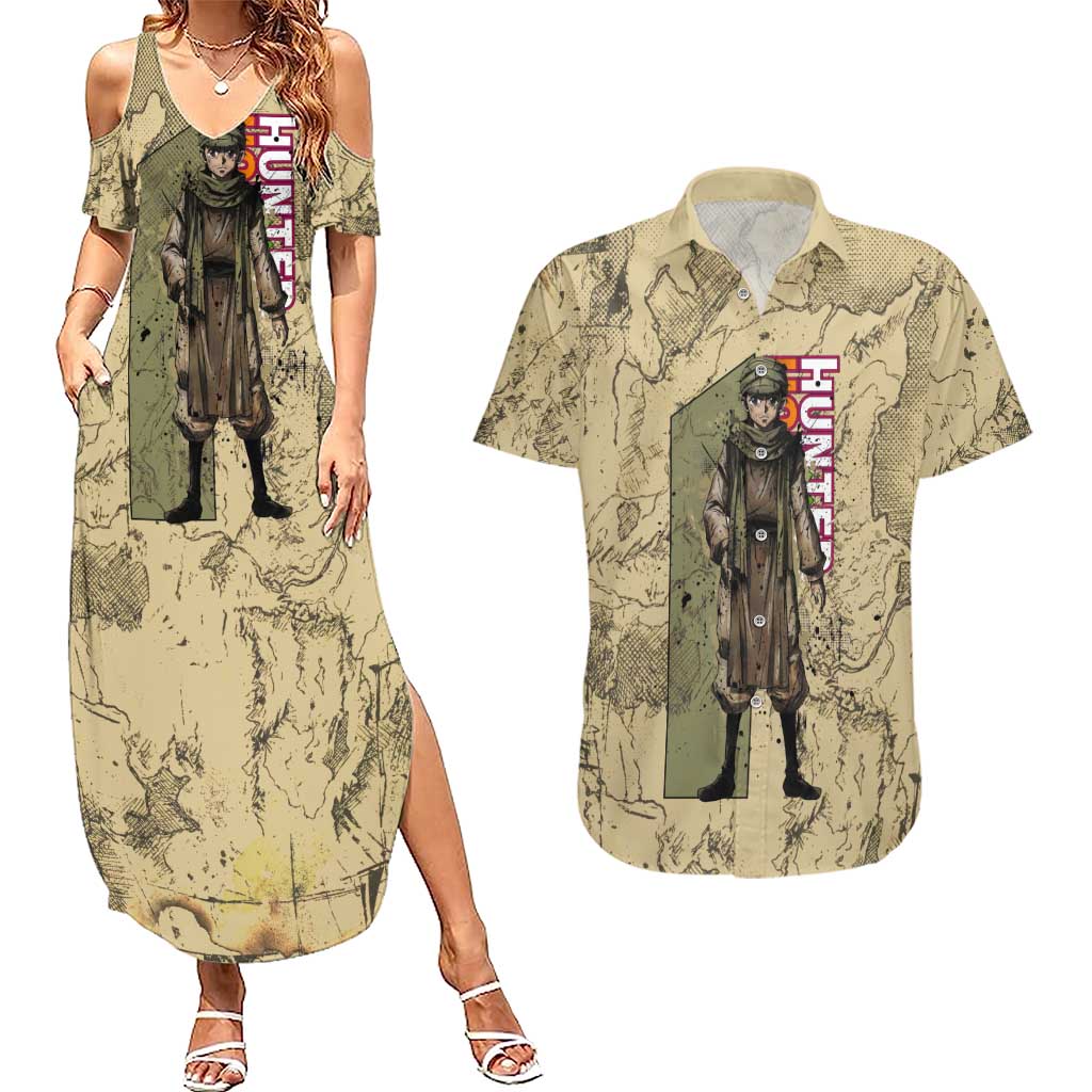 Ging Freecss Theme Desert Explorer Design Couples Matching Summer Maxi Dress and Hawaiian Shirt with Ancient Map Background and Adventure Card Artwork - The Mazicc