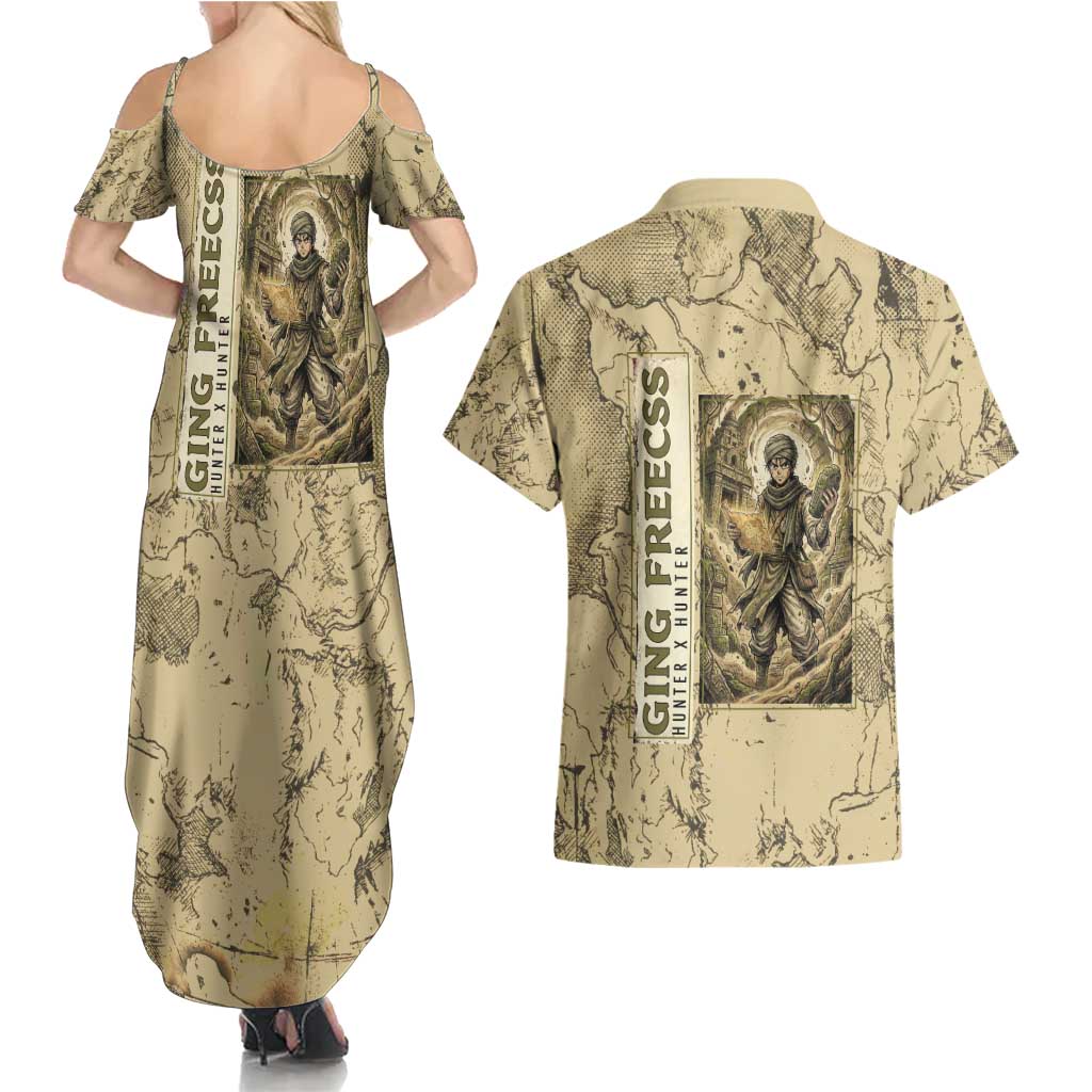 Ging Freecss Theme Desert Explorer Design Couples Matching Summer Maxi Dress and Hawaiian Shirt with Ancient Map Background and Adventure Card Artwork - The Mazicc