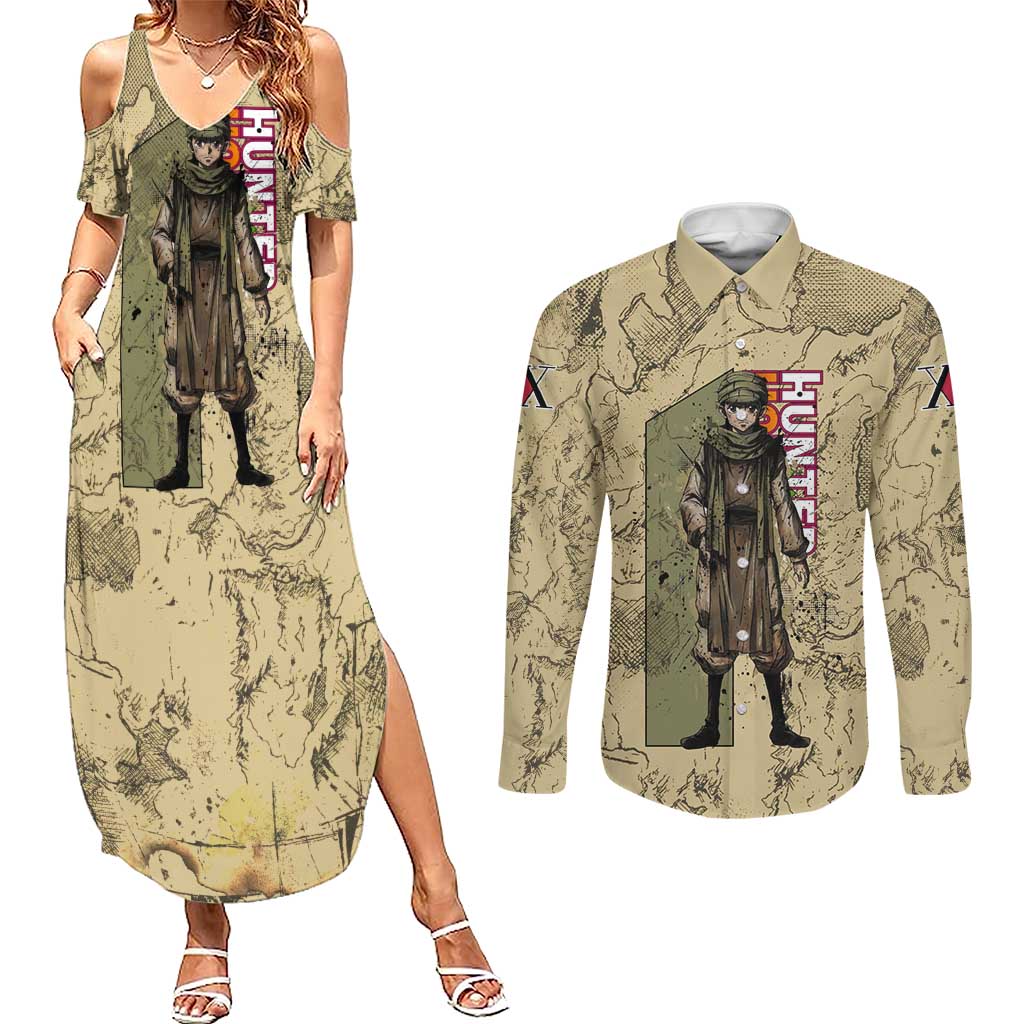 Ging Freecss Theme Desert Explorer Design Couples Matching Summer Maxi Dress and Long Sleeve Button Shirt with Ancient Map Background and Adventure Card Artwork - The Mazicc