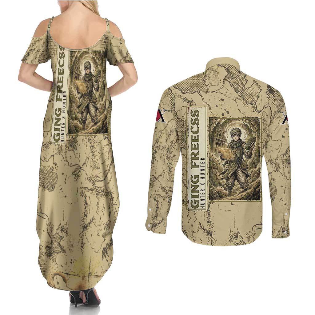 Ging Freecss Theme Desert Explorer Design Couples Matching Summer Maxi Dress and Long Sleeve Button Shirt with Ancient Map Background and Adventure Card Artwork - The Mazicc