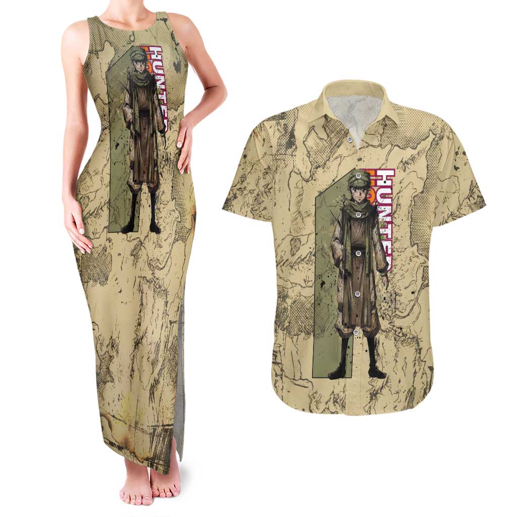 Ging Freecss Theme Desert Explorer Design Couples Matching Tank Maxi Dress and Hawaiian Shirt with Ancient Map Background and Adventure Card Artwork - The Mazicc