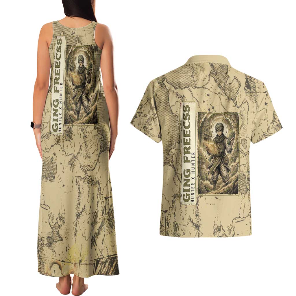 Ging Freecss Theme Desert Explorer Design Couples Matching Tank Maxi Dress and Hawaiian Shirt with Ancient Map Background and Adventure Card Artwork - The Mazicc