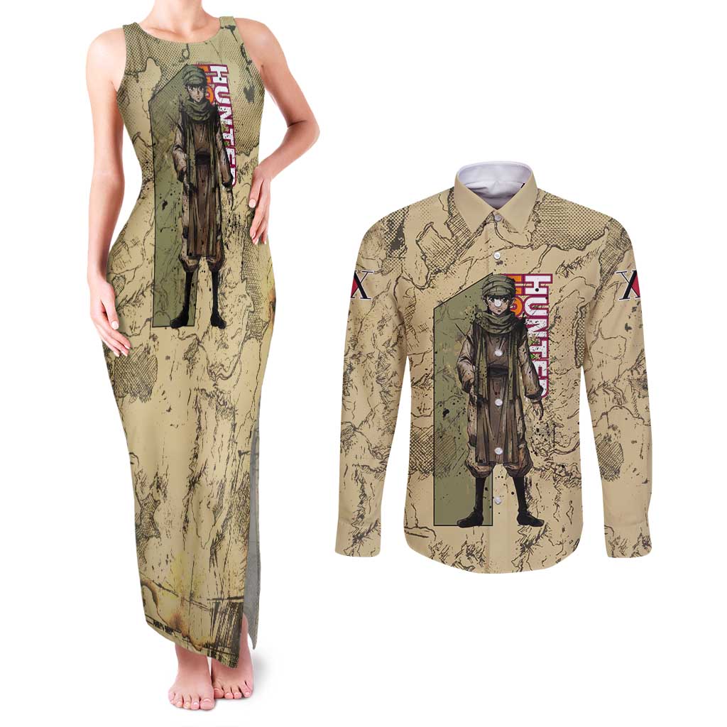 Ging Freecss Theme Desert Explorer Design Couples Matching Tank Maxi Dress and Long Sleeve Button Shirt with Ancient Map Background and Adventure Card Artwork - The Mazicc