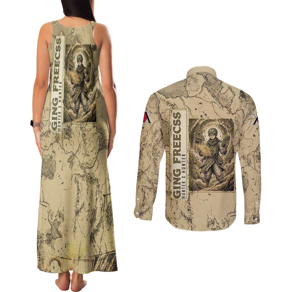 Ging Freecss Theme Desert Explorer Design Couples Matching Tank Maxi Dress and Long Sleeve Button Shirt with Ancient Map Background and Adventure Card Artwork - The Mazicc