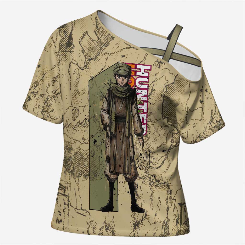 Ging Freecss Theme Desert Explorer Design Cross Shoulder Shirt with Ancient Map Background and Adventure Card Artwork - The Mazicc