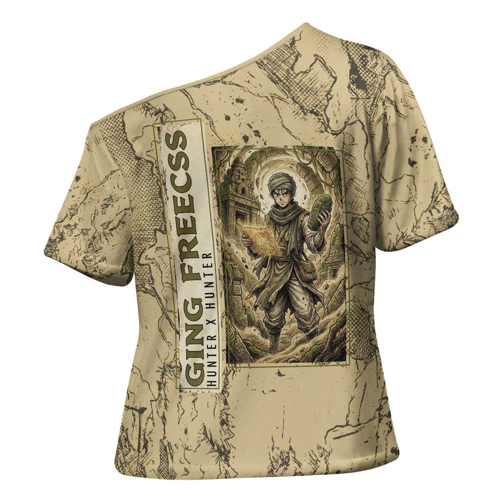 Ging Freecss Theme Desert Explorer Design Cross Shoulder Shirt with Ancient Map Background and Adventure Card Artwork - The Mazicc
