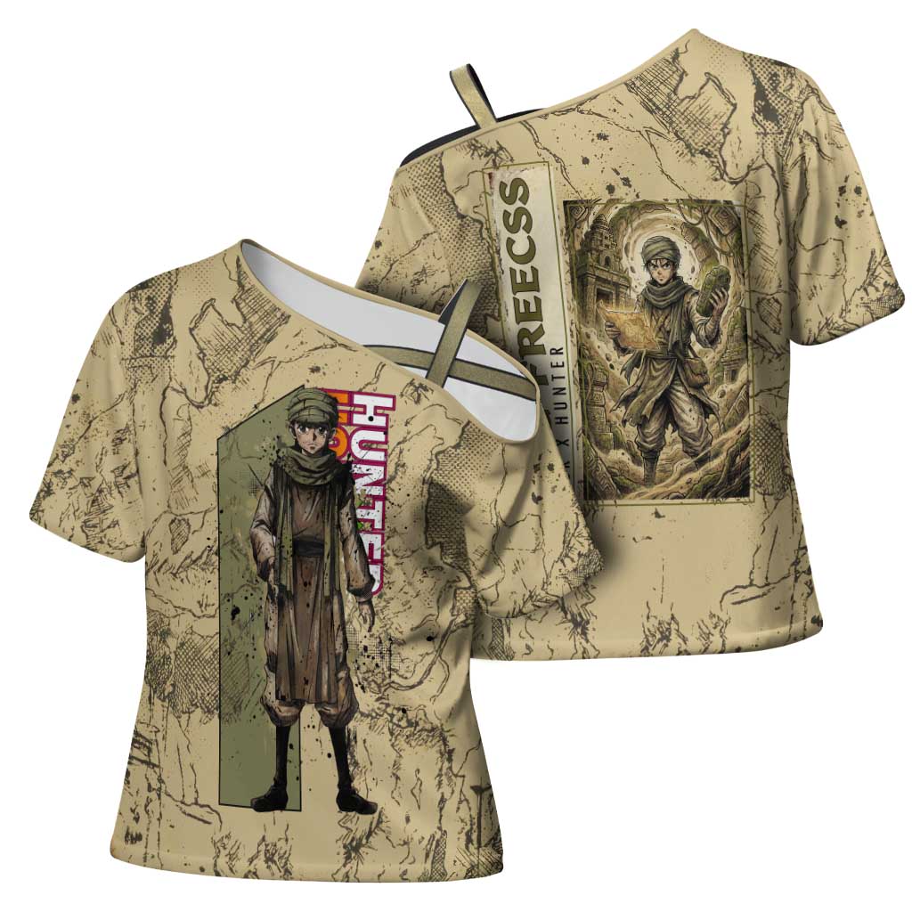 Ging Freecss Theme Desert Explorer Design Cross Shoulder Shirt with Ancient Map Background and Adventure Card Artwork - The Mazicc