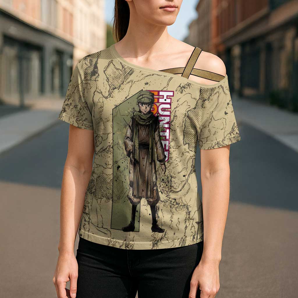 Ging Freecss Theme Desert Explorer Design Cross Shoulder Shirt with Ancient Map Background and Adventure Card Artwork - The Mazicc