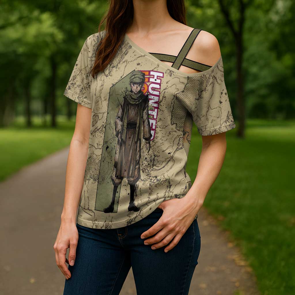 Ging Freecss Theme Desert Explorer Design Cross Shoulder Shirt with Ancient Map Background and Adventure Card Artwork - The Mazicc