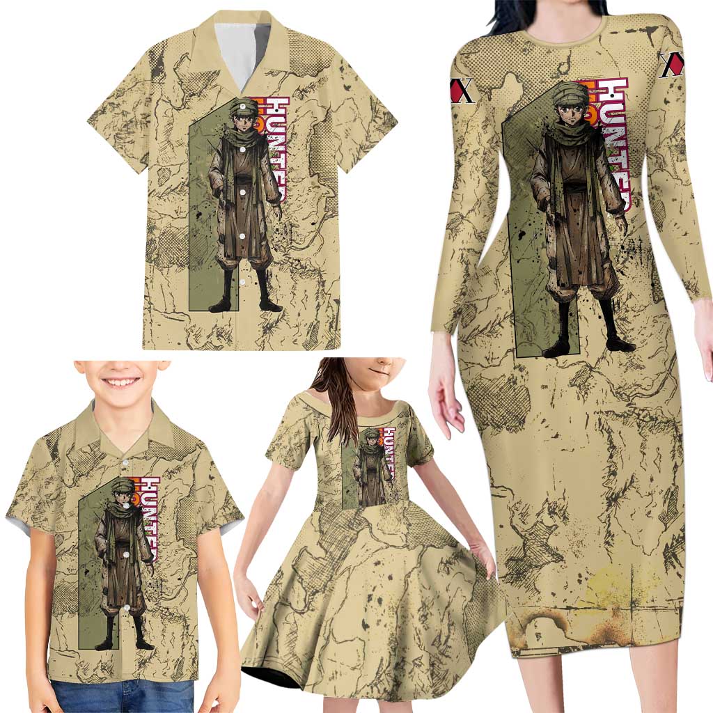 Ging Freecss Theme Desert Explorer Design Family Matching Long Sleeve Bodycon Dress and Hawaiian Shirt with Ancient Map Background and Adventure Card Artwork
