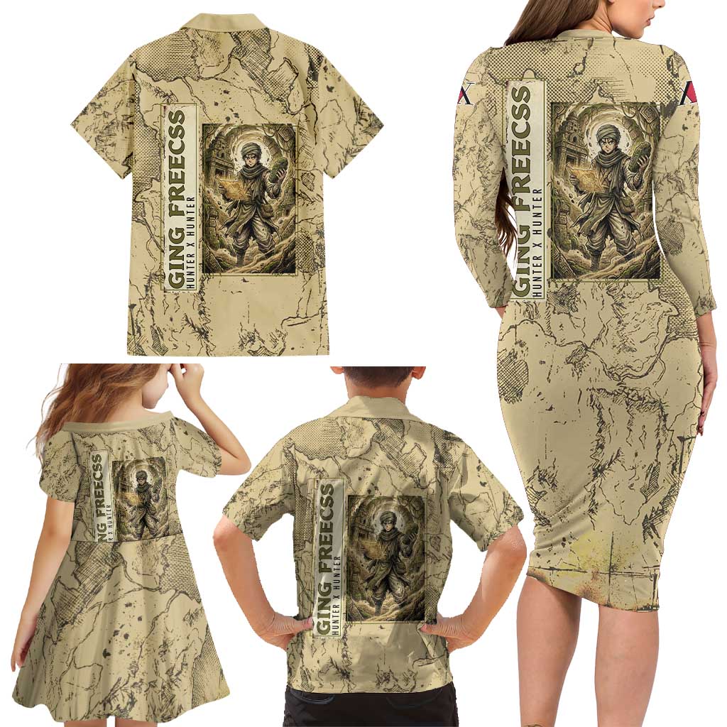 Ging Freecss Theme Desert Explorer Design Family Matching Long Sleeve Bodycon Dress and Hawaiian Shirt with Ancient Map Background and Adventure Card Artwork