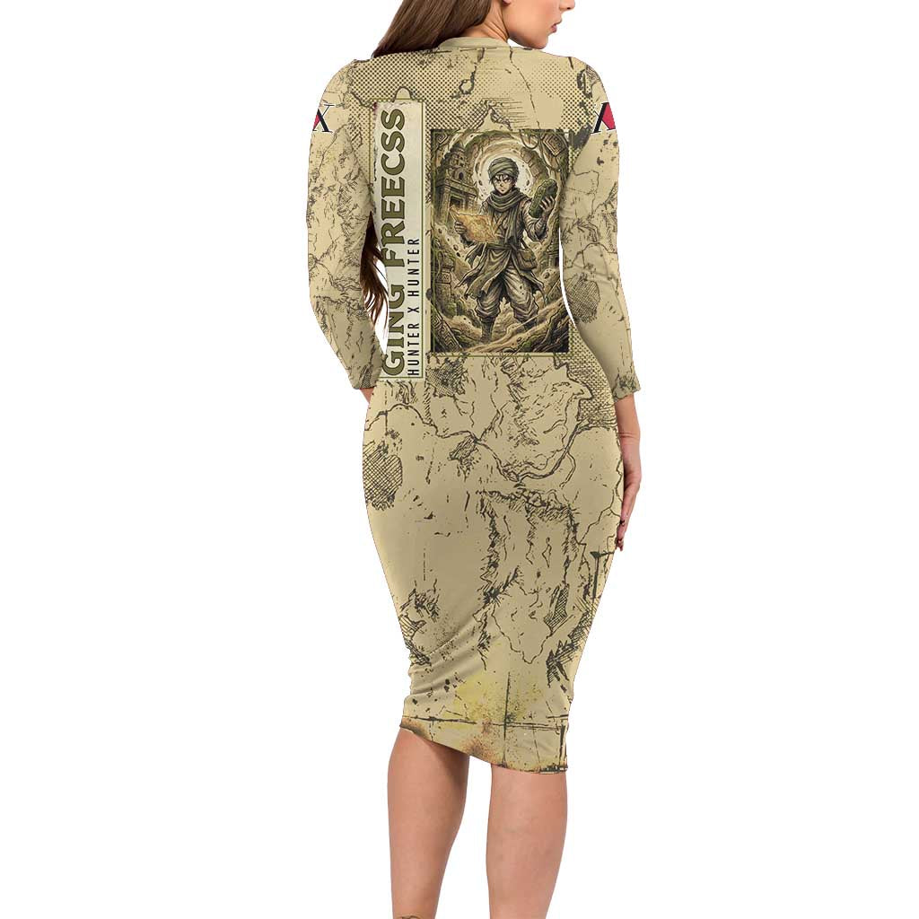 Ging Freecss Theme Desert Explorer Design Family Matching Long Sleeve Bodycon Dress and Hawaiian Shirt with Ancient Map Background and Adventure Card Artwork
