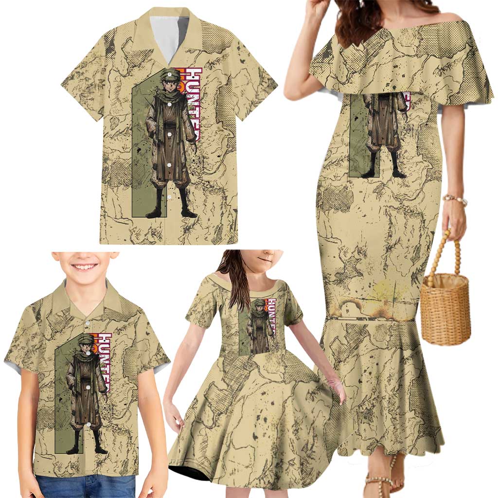 Ging Freecss Theme Desert Explorer Design Family Matching Mermaid Dress and Hawaiian Shirt with Ancient Map Background and Adventure Card Artwork