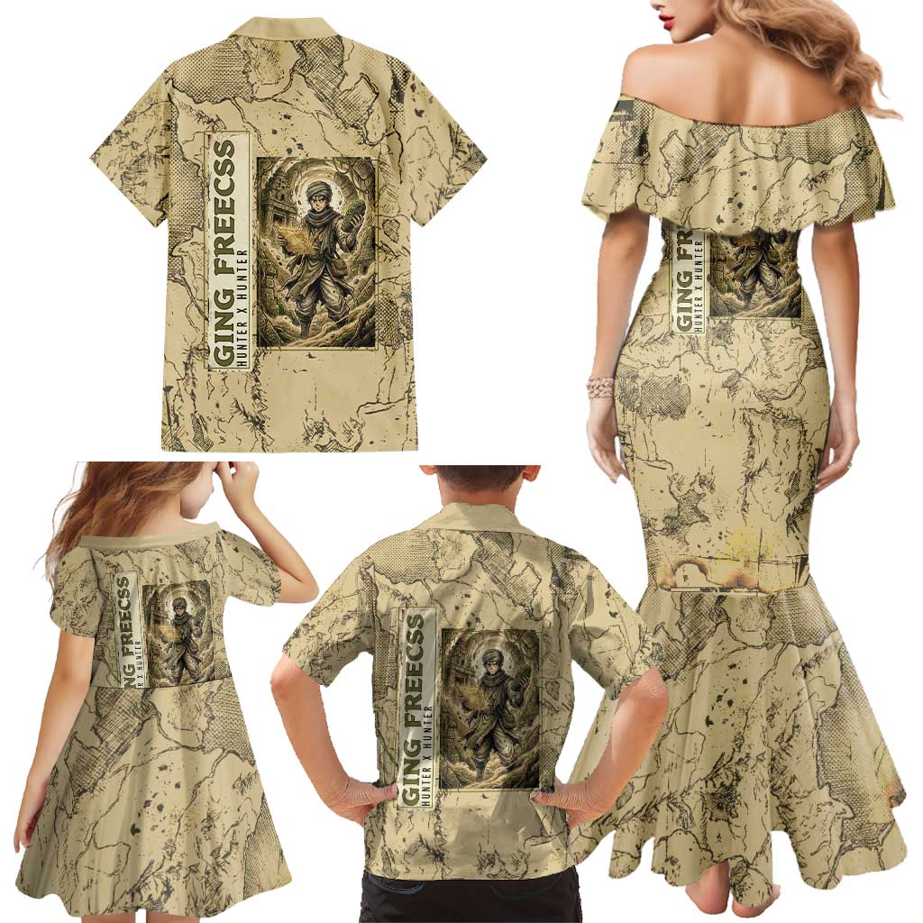 Ging Freecss Theme Desert Explorer Design Family Matching Mermaid Dress and Hawaiian Shirt with Ancient Map Background and Adventure Card Artwork