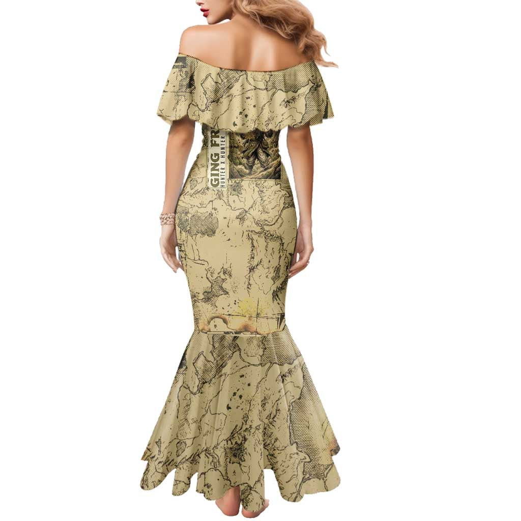 Ging Freecss Theme Desert Explorer Design Family Matching Mermaid Dress and Hawaiian Shirt with Ancient Map Background and Adventure Card Artwork