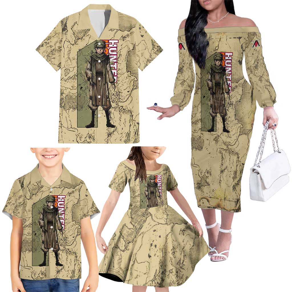 Ging Freecss Theme Desert Explorer Design Family Matching Off The Shoulder Long Sleeve Dress and Hawaiian Shirt with Ancient Map Background and Adventure Card Artwork