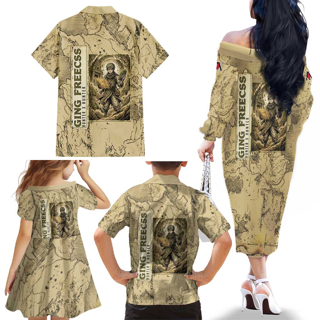 Ging Freecss Theme Desert Explorer Design Family Matching Off The Shoulder Long Sleeve Dress and Hawaiian Shirt with Ancient Map Background and Adventure Card Artwork