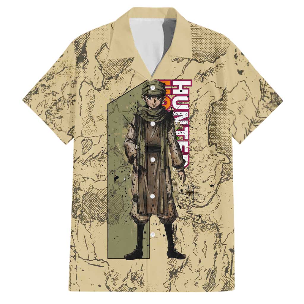Ging Freecss Theme Desert Explorer Design Family Matching Off The Shoulder Long Sleeve Dress and Hawaiian Shirt with Ancient Map Background and Adventure Card Artwork