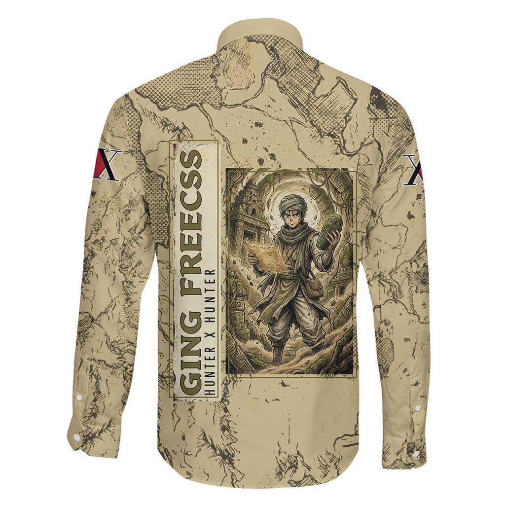 Ging Freecss Theme Desert Explorer Design Family Matching Off The Shoulder Long Sleeve Dress and Hawaiian Shirt with Ancient Map Background and Adventure Card Artwork