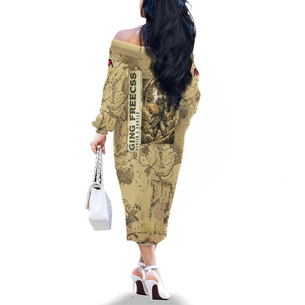 Ging Freecss Theme Desert Explorer Design Family Matching Off The Shoulder Long Sleeve Dress and Hawaiian Shirt with Ancient Map Background and Adventure Card Artwork
