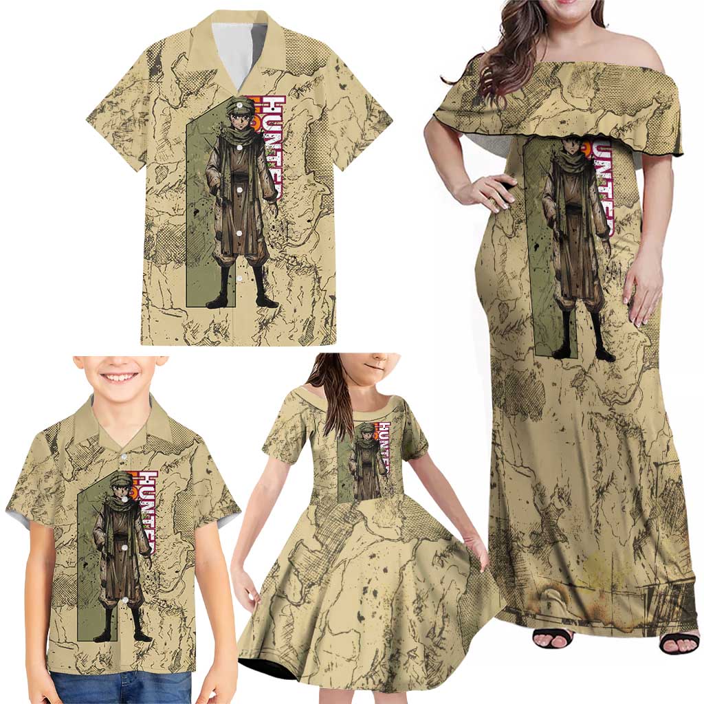 Ging Freecss Theme Desert Explorer Design Family Matching Off Shoulder Maxi Dress and Hawaiian Shirt with Ancient Map Background and Adventure Card Artwork