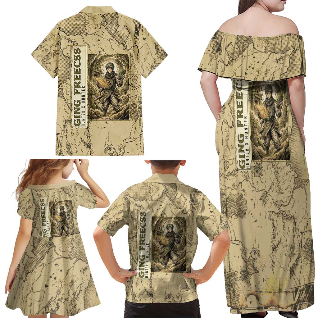 Ging Freecss Theme Desert Explorer Design Family Matching Off Shoulder Maxi Dress and Hawaiian Shirt with Ancient Map Background and Adventure Card Artwork