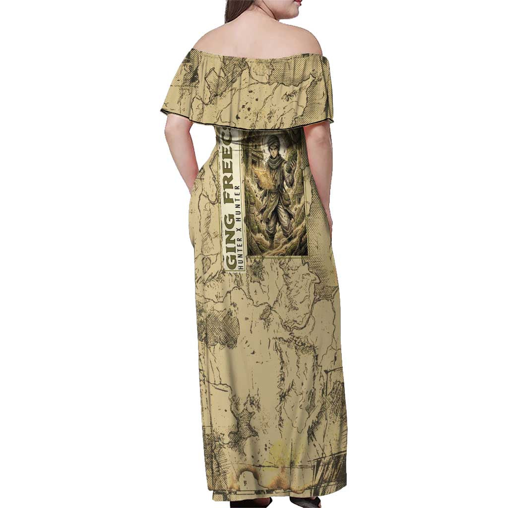 Ging Freecss Theme Desert Explorer Design Family Matching Off Shoulder Maxi Dress and Hawaiian Shirt with Ancient Map Background and Adventure Card Artwork