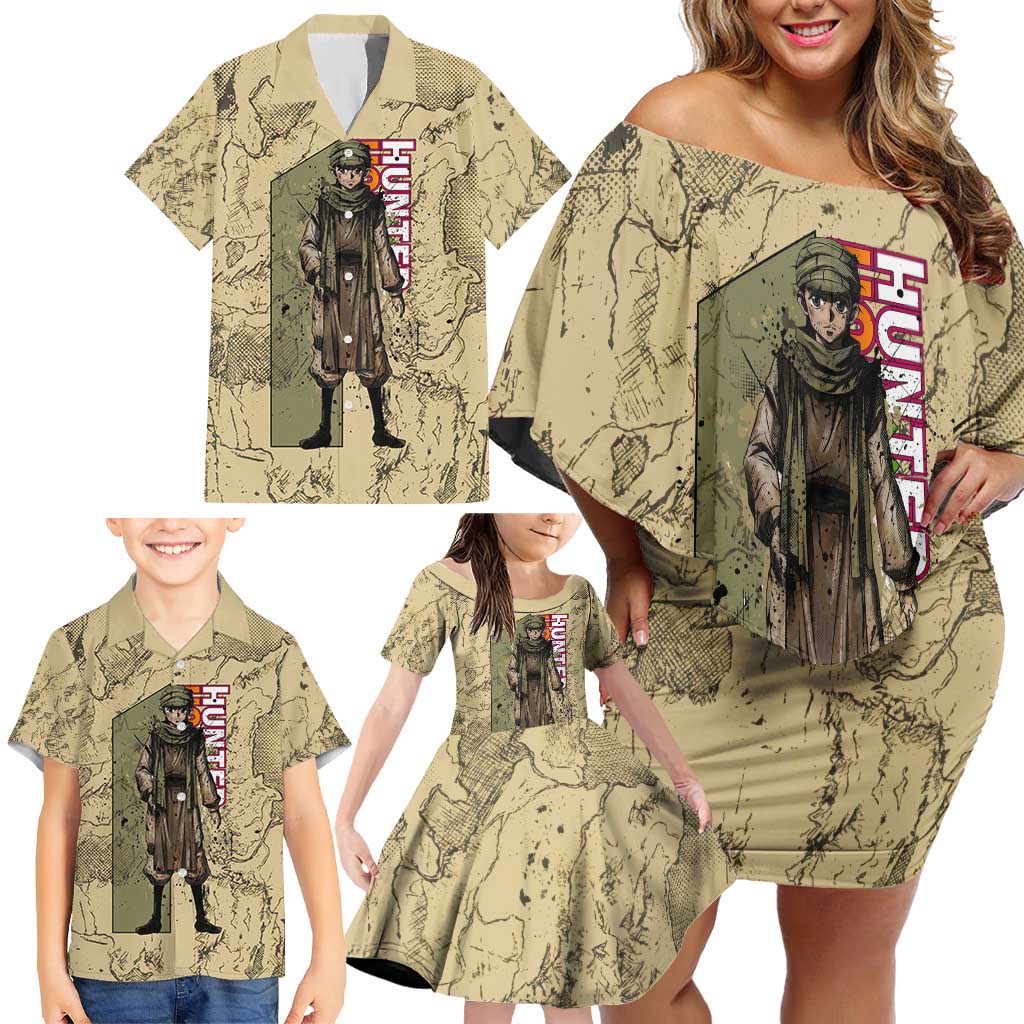 Ging Freecss Theme Desert Explorer Design Family Matching Off Shoulder Short Dress and Hawaiian Shirt with Ancient Map Background and Adventure Card Artwork