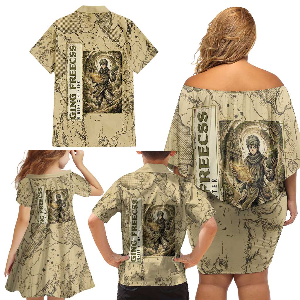 Ging Freecss Theme Desert Explorer Design Family Matching Off Shoulder Short Dress and Hawaiian Shirt with Ancient Map Background and Adventure Card Artwork