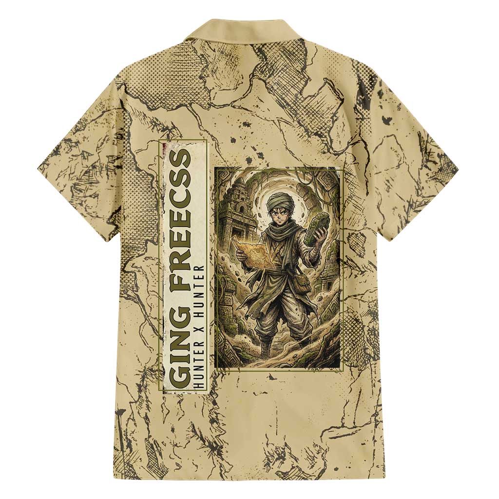 Ging Freecss Theme Desert Explorer Design Family Matching Off Shoulder Short Dress and Hawaiian Shirt with Ancient Map Background and Adventure Card Artwork